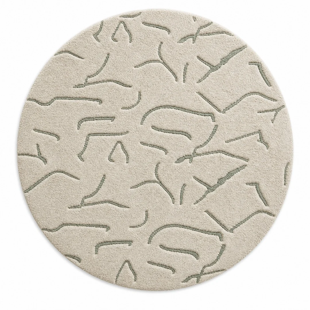 Ivory & Grey Abstract Branch Pattern Wool Rug Round